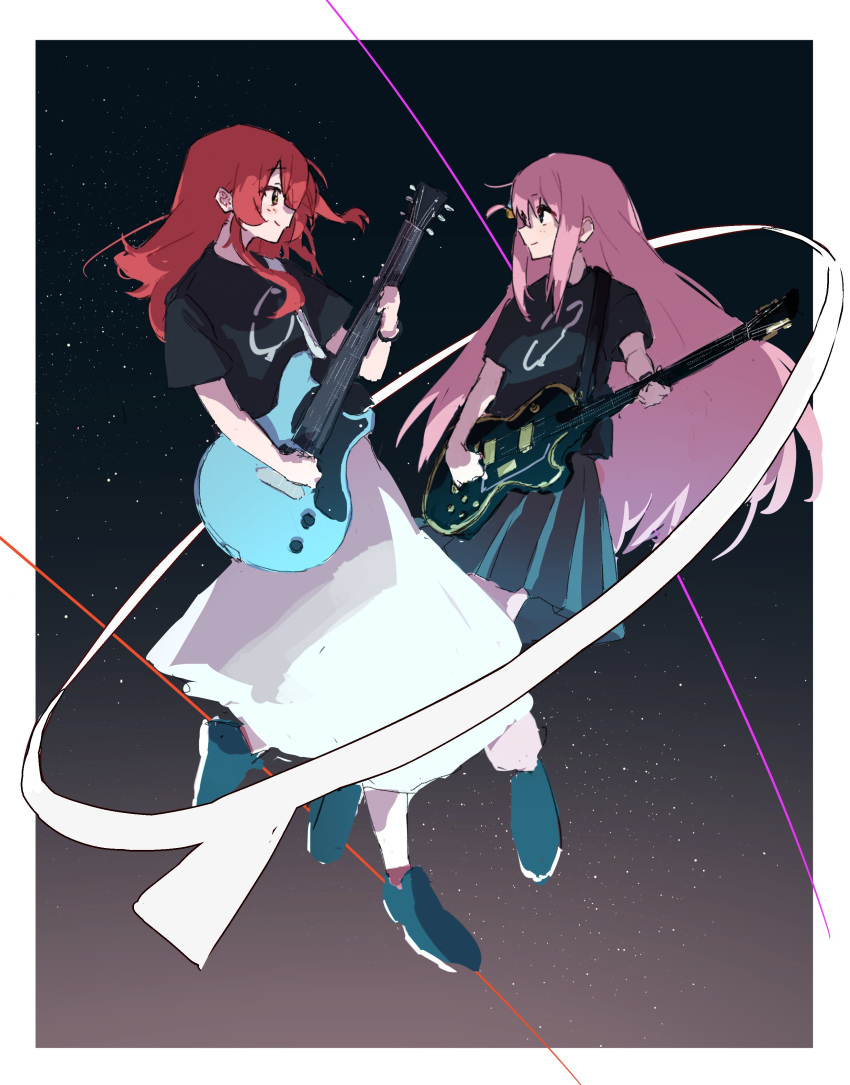 absurdres bangs black_shirt bocchi_the_rock! closed_mouth electric_guitar gotou_hitori grey_skirt guitar hair_between_eyes highres holding holding_instrument instrument kita_ikuyo long_hair long_skirt music one_side_up pink_hair playing_instrument pleated_skirt redhead shirt skirt smile space w4_avn white_skirt