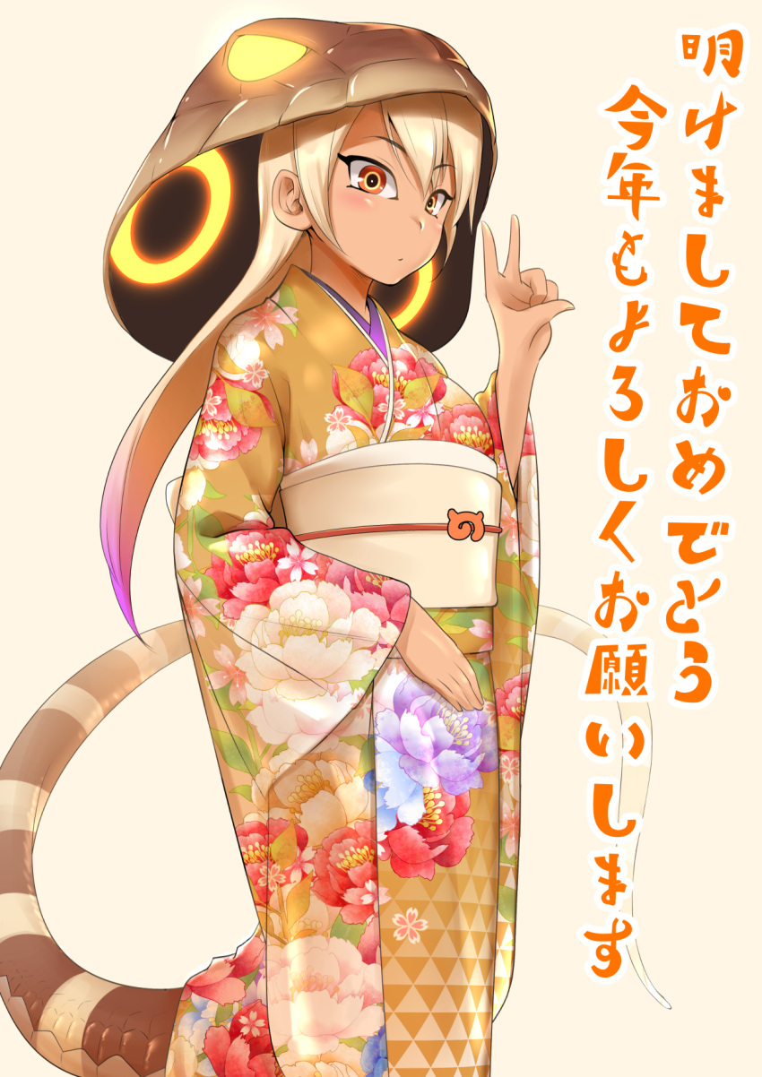 1girl alternate_costume bangs blonde_hair closed_mouth dark-skinned_female dark_skin detached_hood feet_out_of_frame floral_print glowing glowing_clothes hand_up highres hood hood_up japanese_clothes kashisu_mint kemono_friends kimono king_cobra_(kemono_friends) light_smile long_hair long_sleeves looking_at_viewer multicolored_eyes multicolored_hair obi parted_bangs pink_hair print_kimono red_eyes sash snake_tail solo standing tail two-tone_hair v very_long_hair wide_sleeves yellow_eyes