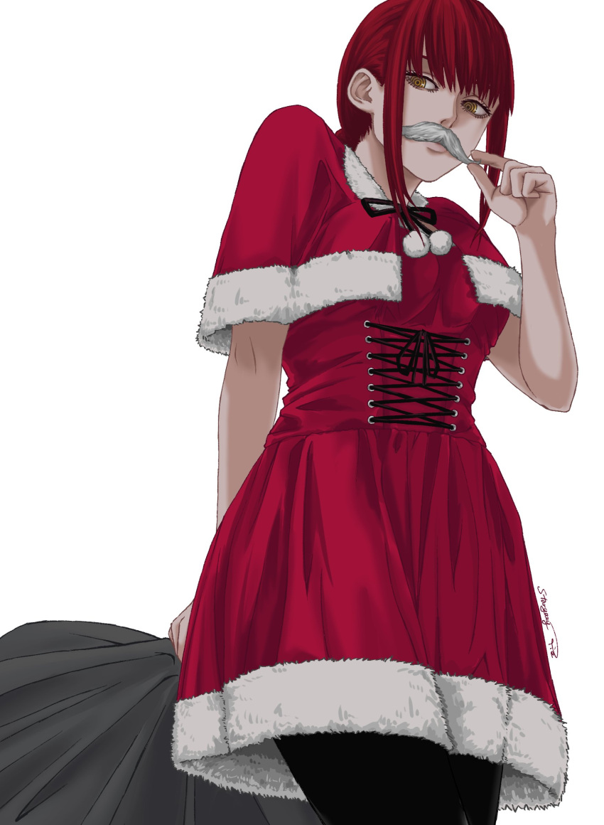 1girl bangs capelet chainsaw_man cross-laced_clothes cross-laced_dress dress fake_facial_hair fake_mustache fur-trimmed_capelet fur-trimmed_dress fur_trim highres holding holding_mustache holding_sack looking_to_the_side makima_(chainsaw_man) medium_hair red_capelet red_dress redhead ringed_eyes sack santa_dress sidelocks simple_background solo stargazypie_u thighs white_background yellow_eyes