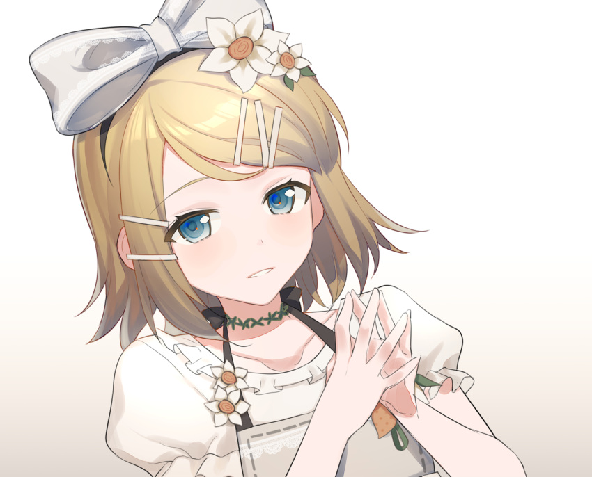 1girl 25-ji_night_code_de._(project_sekai) blonde_hair blue_eyes blush choker flower hair_flower hair_ornament hairclip kagamine_rin looking_at_viewer mitasarenai_pale_color_(project_sekai) parted_lips portrait short_hair simple_background solo steepled_fingers vocaloid white_background zazuzu