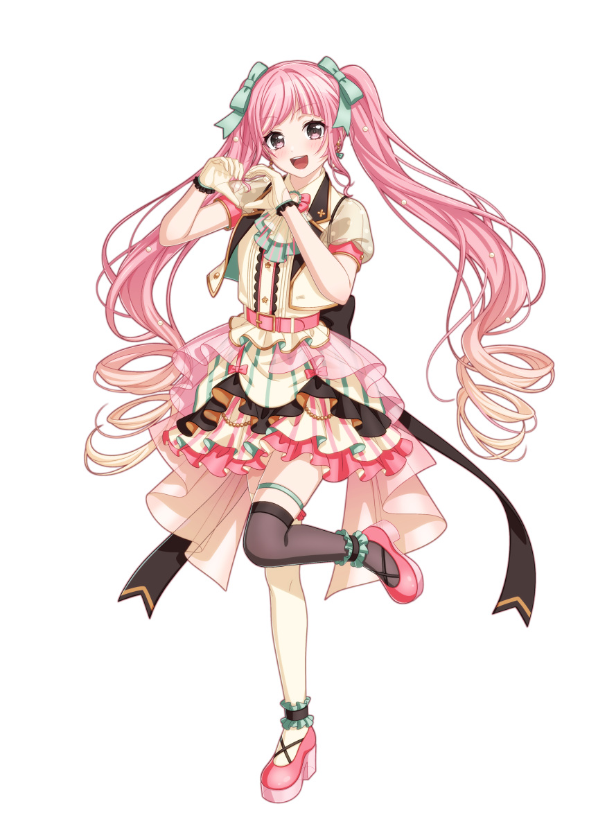 1girl absurdres belt gloves highres idol long_hair multicolored_hair open_mouth original pink_eyes pink_hair pochimaru_(marumaru_wanwan) short_sleeves single_thighhigh skirt thigh-highs twintails very_long_hair