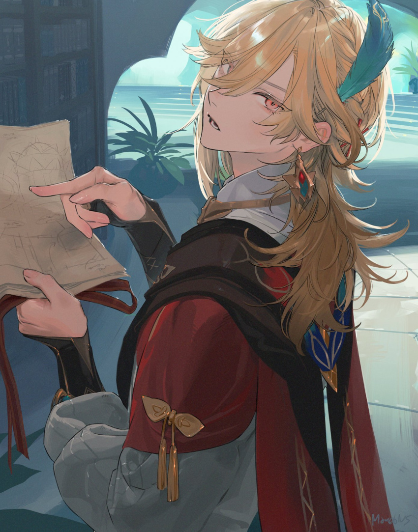 1boy bangs blonde_hair commentary earrings feather_hair_ornament feathers genshin_impact hair_between_eyes hair_ornament hairclip highres holding holding_paper jewelry kaveh_(genshin_impact) long_hair long_sleeves looking_at_viewer male_focus mare6ns paper plant red_eyes signature solo symbol-only_commentary upper_body