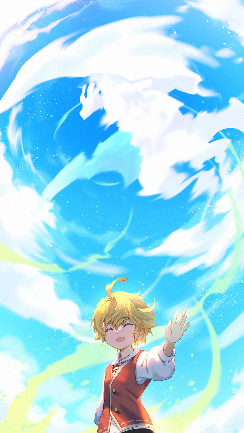 1boy ahoge bangs blonde_hair blue_sky closed_eyes clouds cloudy_sky dragalia_lost euden hair_between_eyes highres male_focus nakabayashi_zun open_mouth puffy_sleeves red_vest shirt short_hair sky solo upper_body vest waving white_shirt