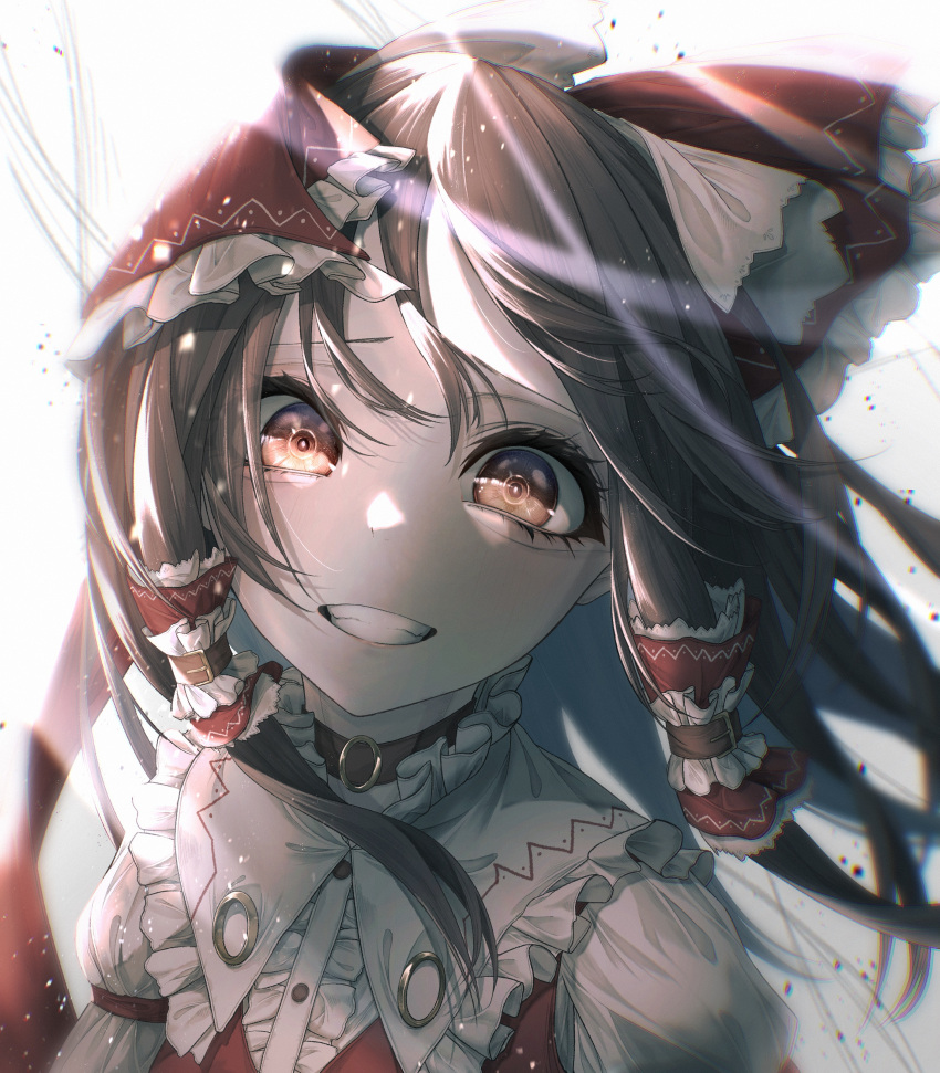1girl absurdres black_choker bloom bow brown_eyes brown_hair choker collared_shirt commentary eyelashes floating_hair frilled_bow frilled_hair_tubes frills grin hair_bow hair_tubes hakurei_reimu highres light_rays long_hair looking_at_viewer o-ring o-ring_choker portrait red_bow red_vest shirt sidelocks smile solo teeth touhou tqg_07 vest white_shirt