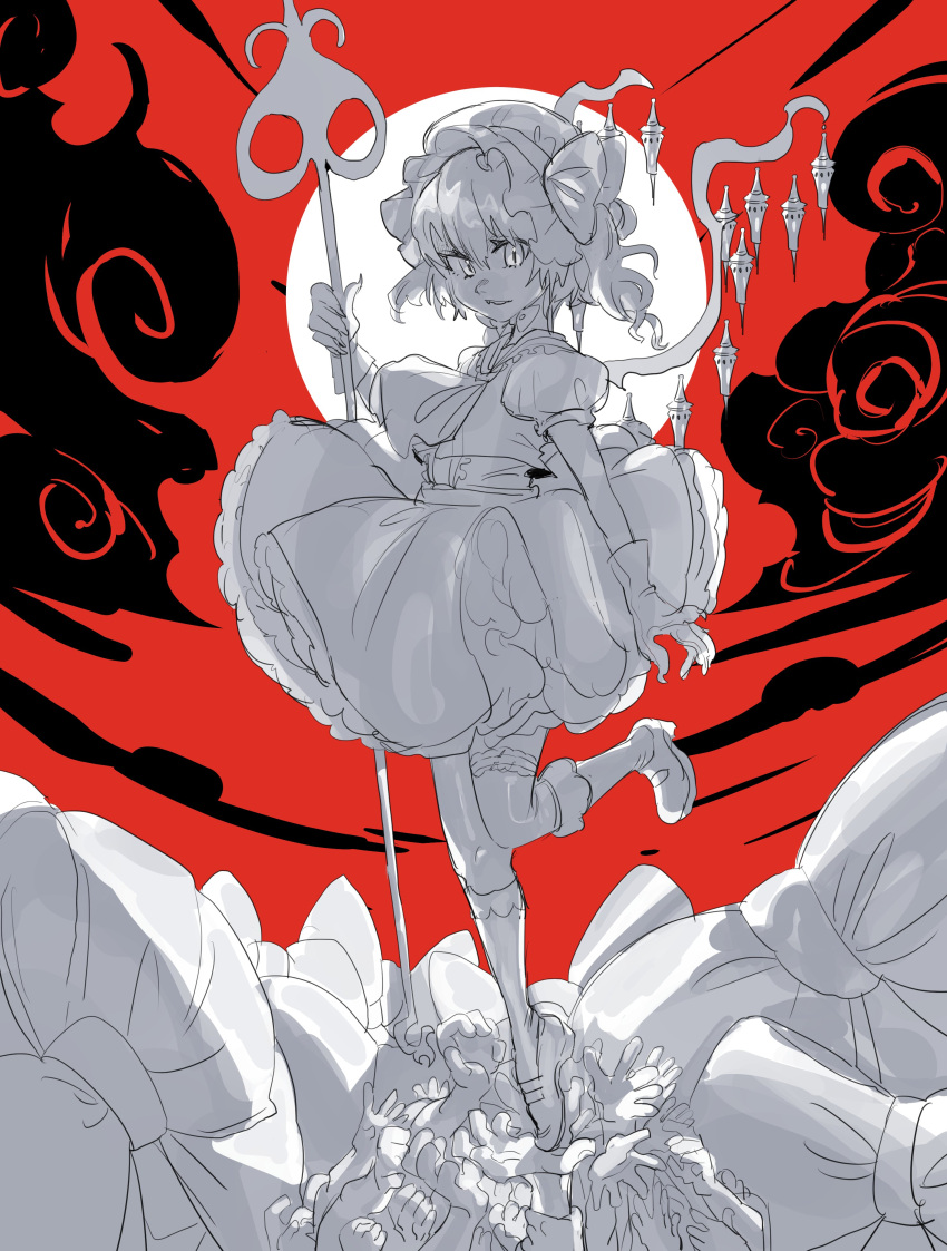 1girl absurdres ascot bow crystal_wings dancho_no_mori fang flandre_scarlet full_body full_moon hat highres holding holding_weapon laevatein_(touhou) leg_up looking_at_viewer mob_cap monochrome moon outdoors puffy_short_sleeves puffy_sleeves red_background short_hair short_sleeves side_ponytail solo spot_color touhou weapon wings