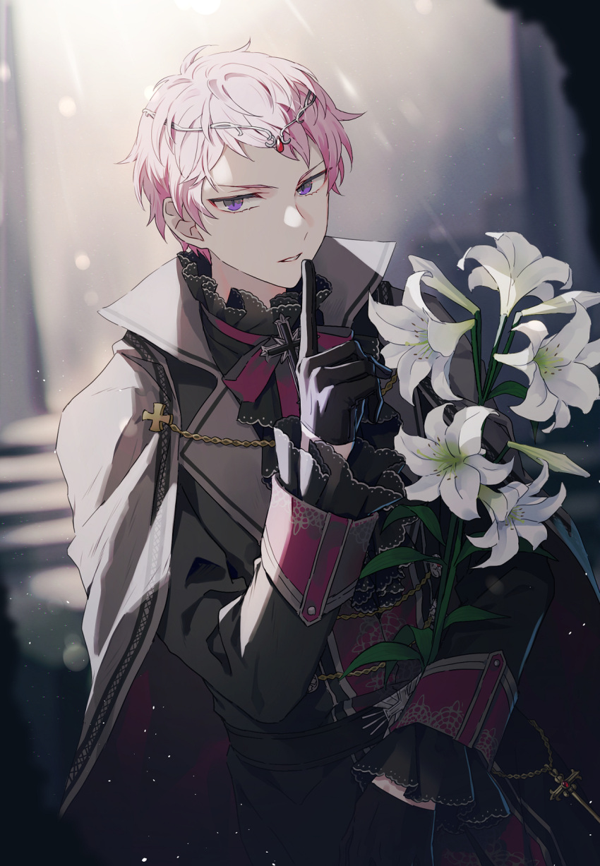 1boy ascot bangs black_ascot black_coat black_gloves black_shirt blurry blurry_background cape circlet coat cowboy_shot cross ensemble_stars! finger_to_mouth flower frilled_shirt_collar frilled_sleeves frills gloves grey_cape half_gloves highres holding holding_flower itsuki_shu kaminokefusa lens_flare light_particles lily_(flower) looking_at_viewer male_focus neck_ribbon parted_lips pink_hair ribbon shirt short_hair shushing sleeve_cuffs solo sunlight violet_eyes white_flower white_lily