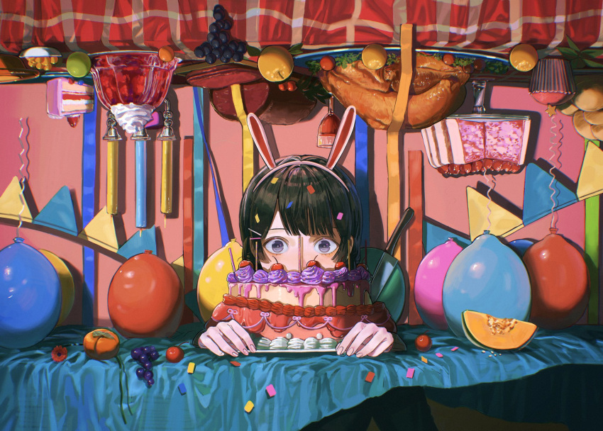 1girl alcohol animal_ears balloon bangs birthday_cake black_eyes black_hair black_jacket blazer blunt_bangs cake confetti cupcake fake_animal_ears flag food fruit gelatin grapes hair_ornament hairclip ham highres hime_cut ikuta41 jacket kitchen_knife long_hair nijisanji rabbit_ears school_uniform shadow solo streamers tablecloth tsukino_mito turkey_(food) under_table upside-down virtual_youtuber wide-eyed wine