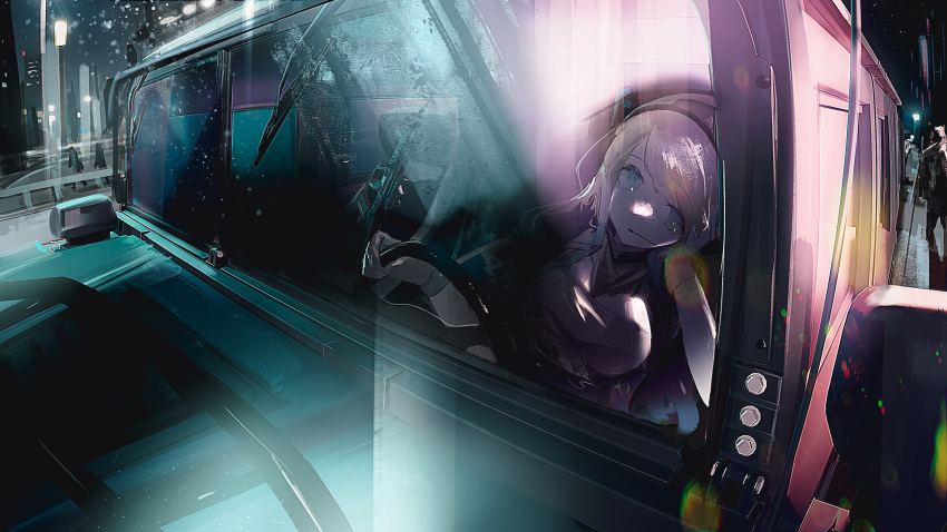 1girl absurdres bandana black_thighhighs blonde_hair blue_eyes blue_hair breasts car commission dori_(artist) driving gloves gradient_hair ground_vehicle headset highres holding hummer_h1 indie_virtual_youtuber long_hair medium_breasts motor_vehicle multicolored_hair non-web_source second-party_source solo thigh-highs virtual_youtuber zeta_(vtuber)