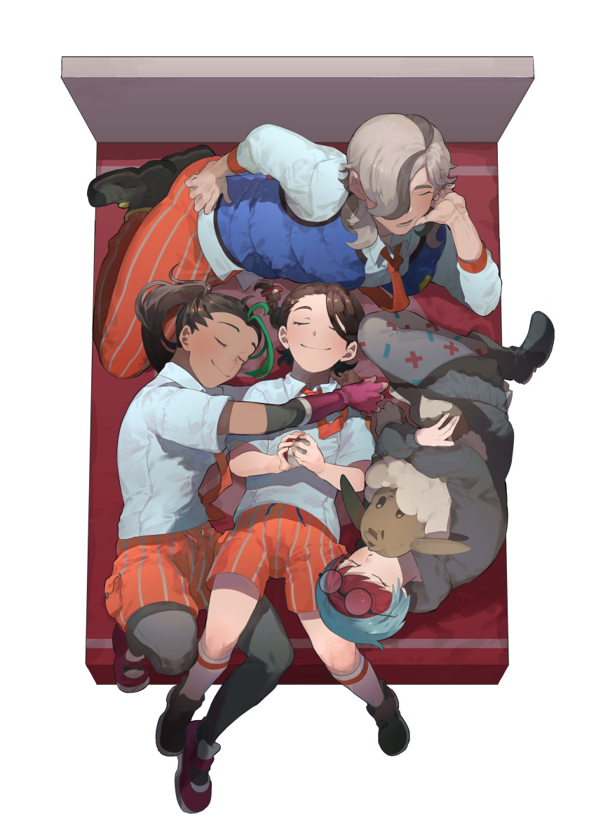 1boy 3girls absurdres arven_(pokemon) backpack bag bangs bed black_hair black_pantyhose blue_hair braid brown_hair collared_shirt dark-skinned_female dark_skin glasses gloves green_hair hair_over_one_eye highres hood hoodie hug juliana_(pokemon) light_brown_hair long_hair lying minus_sign multicolored_hair multiple_girls naranja_academy_school_uniform necktie nemona_(pokemon) open_clothes open_vest orange_necktie orange_pants orange_shorts pants pantyhose penny_(pokemon) plus_sign pokemon pokemon_(game) pokemon_sv ponytail redhead round_eyewear school_uniform see-through see-through_skirt shirt short_hair short_sleeves shorts skirt sleeping streaked_hair striped striped_pants two-tone_hair vertical-striped_pants vertical_stripes vest woeyamcha