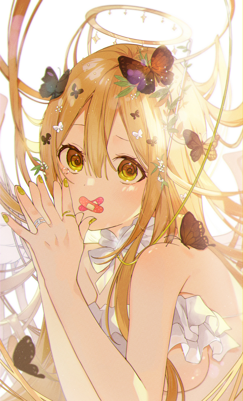 1girl absurdres bandaid bandaid_on_face blonde_hair bug butterfly butterfly_on_head dress green_eyes green_nails hair_between_eyes halo hands_up highres jewelry looking_at_viewer omutatsu original own_hands_together ring simple_background solo white_background white_dress