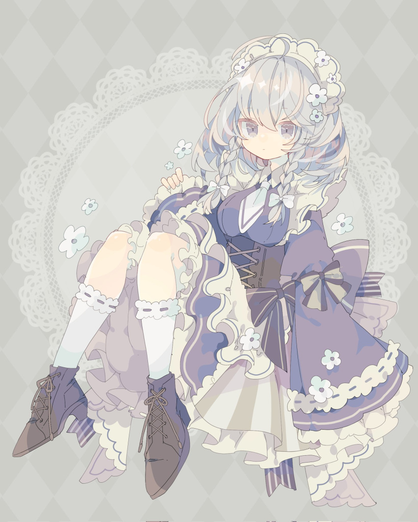 1girl adapted_costume argyle argyle_background blue_dress boots braid brown_footwear closed_mouth cross-laced_footwear dress full_body grey_eyes grey_hair hair_between_eyes highres izayoi_sakuya lace-up_boots long_hair nikorashi-ka sleeves_past_fingers sleeves_past_wrists socks solo touhou twin_braids white_socks wide_sleeves