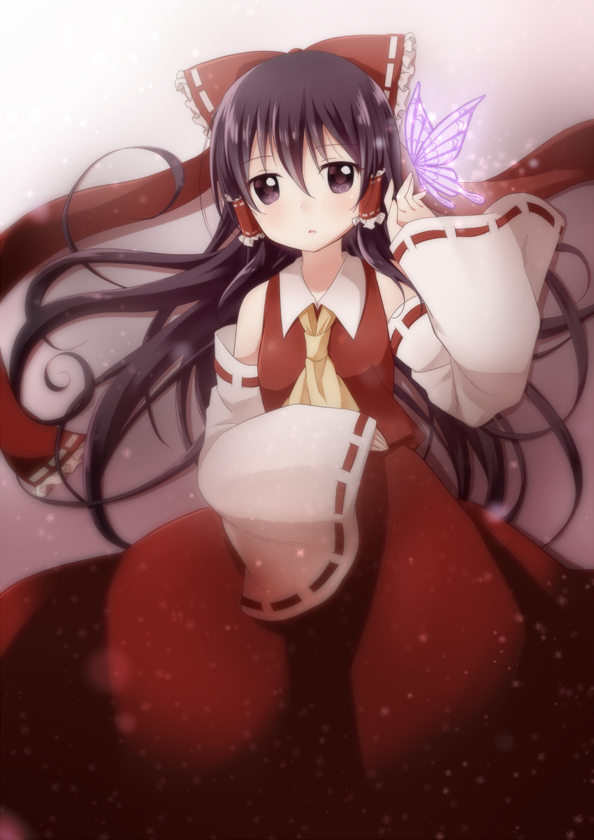1girl alternate_eye_color ascot bandages bangs bare_shoulders black_hair blue_sky blush bow branch breasts bug butterfly butterfly_wings cherry_blossoms closed_mouth clouds cloudy_sky coin collared_shirt detached_sleeves flying frills gradient gradient_sky grass hair_between_eyes hakurei_reimu hand_up highres house long_hair long_sleeves looking_at_viewer medium_breasts midriff_peek orange_eyes petals red_bow red_shirt red_skirt ribbon-trimmed_sleeves ribbon_trim sarashi shirt skirt sky solo standing star_(symbol) teeth touhou tree white_sky wide_sleeves wings yamisaki_(ymsk_xx) yellow_ascot