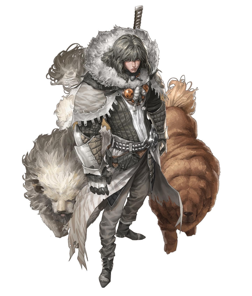 1boy animal black_footwear boots copyright_request fur fur-trimmed_hood fur_trim grey_hair heo_sung-moo highres hood long_hair pants vambraces weapon weapon_on_back white_background