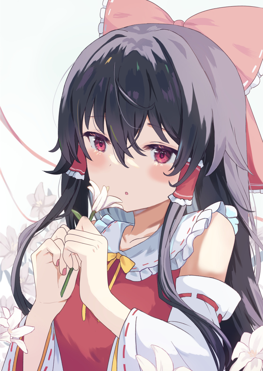 1girl absurdres bare_shoulders black_hair blush bow collarbone detached_sleeves flower hair_between_eyes hair_bow hair_tubes hakurei_reimu highres holding holding_flower japanese_clothes kogalashi lily_(flower) long_hair nontraditional_miko parted_lips red_bow red_eyes ribbon-trimmed_sleeves ribbon_trim sidelocks solo touhou upper_body white_flower wide_sleeves