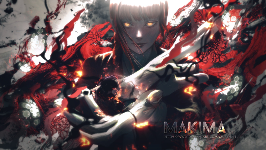 1girl artist_name bangs braid chainsaw_man character_name collared_shirt fire highres looking_at_viewer makima_(chainsaw_man) medium_hair muztnafi outstretched_arm red_background red_theme redhead ringed_eyes shirt solo_focus yellow_eyes