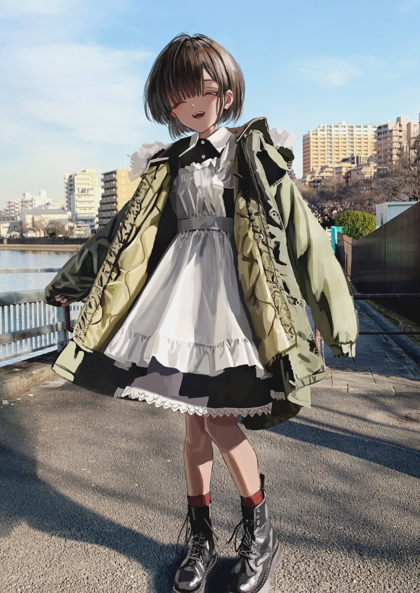 1girl ^_^ ^o^ apron bangs black_dress blue_sky blunt_bangs boots brown_hair building city closed_eyes clouds collared_dress combat_boots day dress fence fur-trimmed_hood fur_trim green_jacket hair_behind_ear highres hood hood_down jacket knees_together_feet_apart lace_trim light_blush maid maid_apron nadegata open_clothes open_jacket original outdoors photo_background red_socks river shadow short_hair sky sleeves_past_fingers sleeves_past_wrists smile socks solo standing tree urban