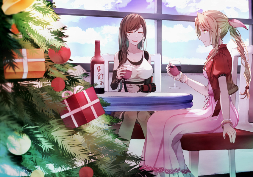 2girls aerith_gainsborough bangle bangs bare_shoulders black_bra black_sleeves bottle box bra bracelet breasts brown_hair christmas_tree closed_eyes clouds cloudy_sky crop_top cropped_jacket cup detached_sleeves dress drinking_glass elbow_pads final_fantasy final_fantasy_vii final_fantasy_vii_remake gift gift_box green_eyes hair_between_eyes hair_pulled_back holding holding_cup indoors jacket jewelry large_breasts long_dress looking_at_another medium_breasts mirrorclew multiple_girls open_mouth parted_bangs pink_dress puffy_short_sleeves puffy_sleeves red_jacket red_wine shirt short_sleeves sidelocks sitting sky sleeveless sleeveless_shirt smile sports_bra suspenders swept_bangs table tifa_lockhart underwear white_shirt window wine_bottle wine_glass