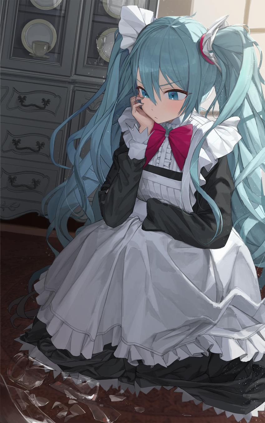 1girl absurdres apron aqua_eyes aqua_hair aqua_nails arm_on_thigh bangs black_dress blush bow bowtie cabinet closed_mouth commentary cup dress drinking_glass frilled_apron frilled_dress frills full_body hair_between_eyes hand_on_own_cheek hand_on_own_face hatsune_miku highres indoors long_bangs long_dress long_hair long_sleeves looking_at_object maid maid_apron ousi1997 plate red_bow red_bowtie sitting solo sunlight twintails very_long_hair vocaloid wavy_hair white_apron wine_glass