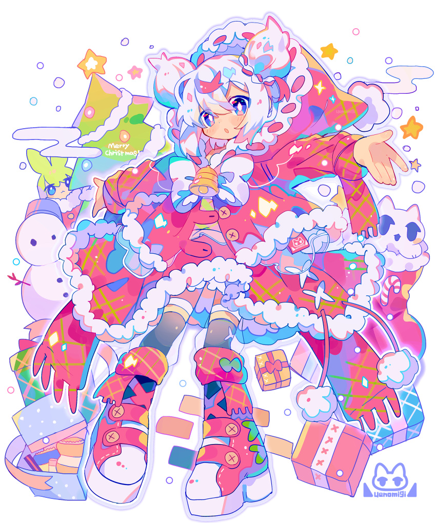 1girl :o absurdres bell black_thighhighs blue_eyes blush bow bowtie bright_pupils christmas christmas_tree diamond-shaped_pupils diamond_(shape) dress full_body highres long_sleeves looking_at_viewer merry_christmas neck_bell original outstretched_arms red_dress simple_background snow snowman solo spread_arms symbol-shaped_pupils thigh-highs twintails uenomigi white_background white_bow white_bowtie white_hair white_pupils