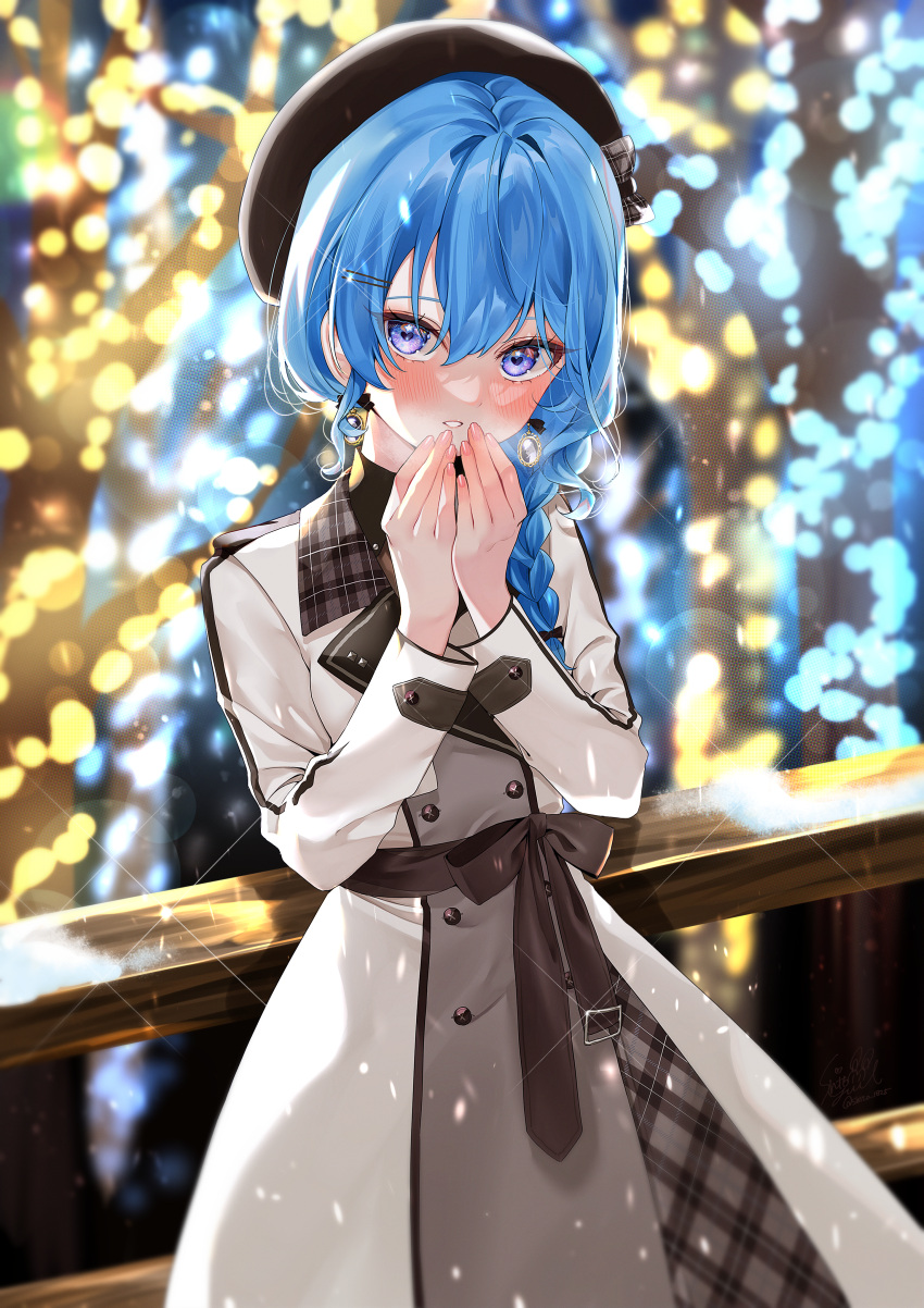 1girl absurdres bangs blue_hair blush braid dress earrings glint hair_between_eyes hair_ornament hairclip hand_to_own_mouth hands_up hat highres hololive hoshimachi_suisei jewelry long_hair long_sleeves looking_at_viewer parted_lips solo standing star_(symbol) star_in_eye symbol_in_eye violet_eyes virtual_youtuber yuuyu_(moco20111115)