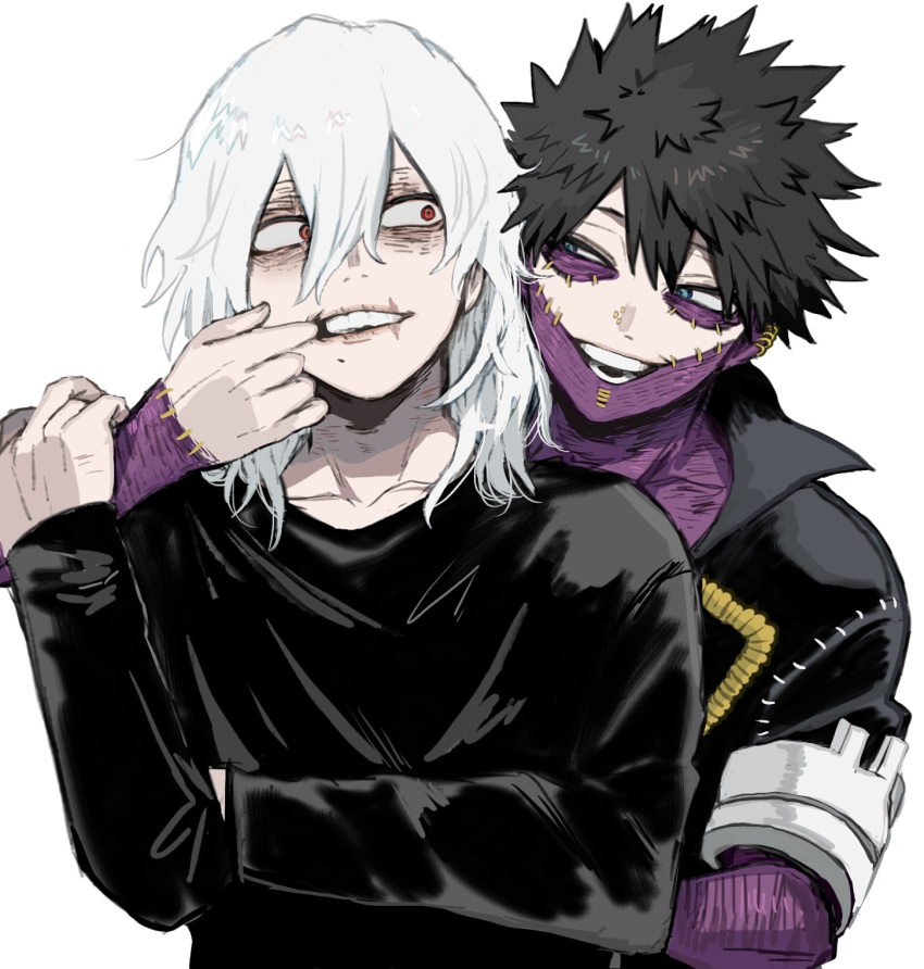2boys ametaro_(ixxxzu) black_hair black_shirt blue_eyes boku_no_hero_academia burn_scar commentary_request dabi_(boku_no_hero_academia) earrings finger_in_another's_mouth hair_between_eyes highres holding_another's_wrist jewelry long_hair long_sleeves looking_at_another male_focus mouth_pull multiple_boys multiple_scars open_mouth patchwork_skin piercing red_eyes scar scar_on_face scar_on_mouth shigaraki_tomura shirt short_hair simple_background spiky_hair stitches upper_body white_background white_hair