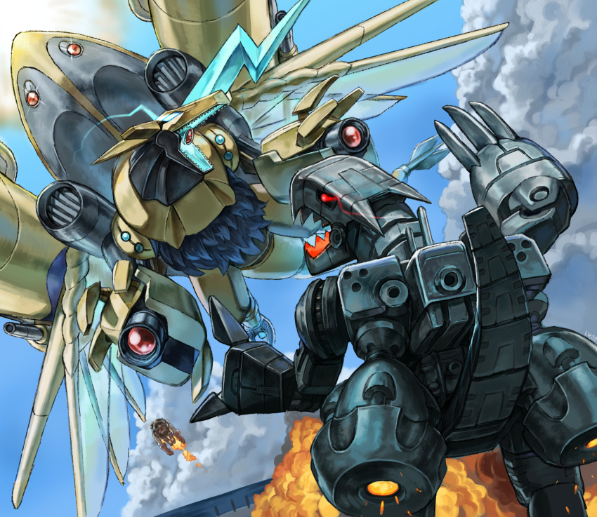 absurdres aegisdramon battle beard black_sclera blue_sky boots brown_footwear brown_gloves brown_hair claws clouds colored_sclera commentary day digimon digimon_(creature) eye_trail facial_hair flying gloves highres horns level-00 light_trail looking_at_another mecha mugendramon nanimon no_humans non-humanoid_robot open_mouth outdoors red_eyes robot sharp_teeth short_hair shoulder_cannon sky smoke sunglasses teeth wings