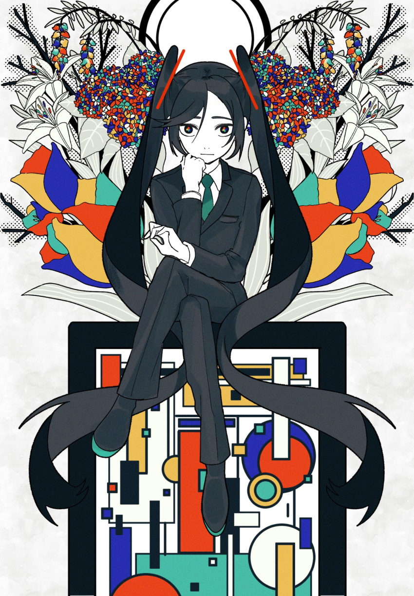 1girl abstract asymmetrical_bangs bangs black_eyes black_footwear black_hair black_pants black_suit blue_pupils bouquet branch clenched_hand collared_shirt commentary crossed_legs cubism dress_shoes expressionless flower formal green_necktie green_pupils hair_ornament hairclip halftone hand_on_own_chin hatsune_miku highres leaf looking_at_viewer multicolored_eyes multicolored_flower necktie pale_skin pants parted_bangs red_headwear red_pupils shirt sitting sitting_on_object solo suit swept_bangs symmetry thick_eyebrows twintails vocaloid wavy_hair white_background white_flower white_shirt wokichi yellow_pupils