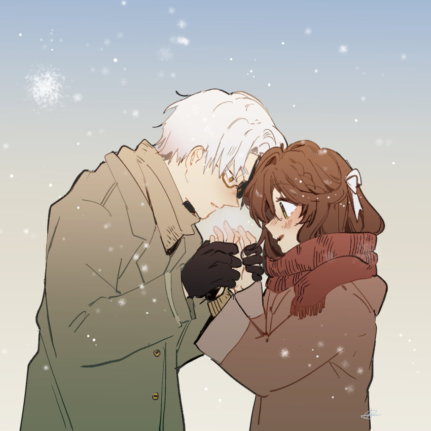 1boy 1girl bangs black_gloves blue_sky brown_coat brown_hair brown_sweater coat glasses gloves green_eyes highres long_hair long_sleeves lys_vyn outdoors red_coat red_scarf rosa_(tears_of_themis) scarf short_hair sky snow snowing sweater tears_of_themis vyn_richter_(tears_of_themis) white_hair yellow_eyes