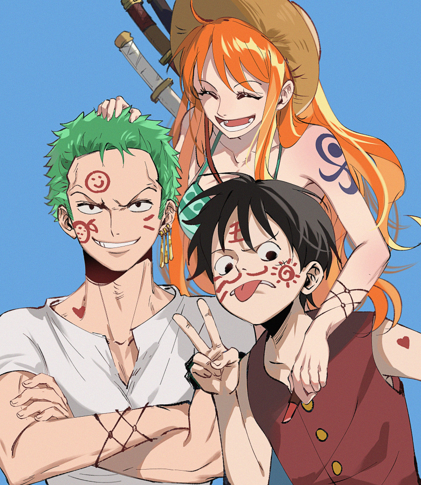 1girl 2boys absurdres bikini black_hair buttons closed_eyes drawing_on_another's_face dududu earrings emoji food fruit green_hair grin hand_on_another's_shoulder hat heart highres jewelry lipstick long_hair looking_at_viewer makeup mandarin_orange monkey_d._luffy multiple_boys multiple_earrings nami_(one_piece) one_piece open_mouth red_shirt redhead roronoa_zoro shirt short_hair short_sleeves shoulder_tattoo sleeveless sleeveless_shirt smile sun_print swimsuit sword tattoo tongue tongue_out v v-shaped_eyebrows weapon white_shirt