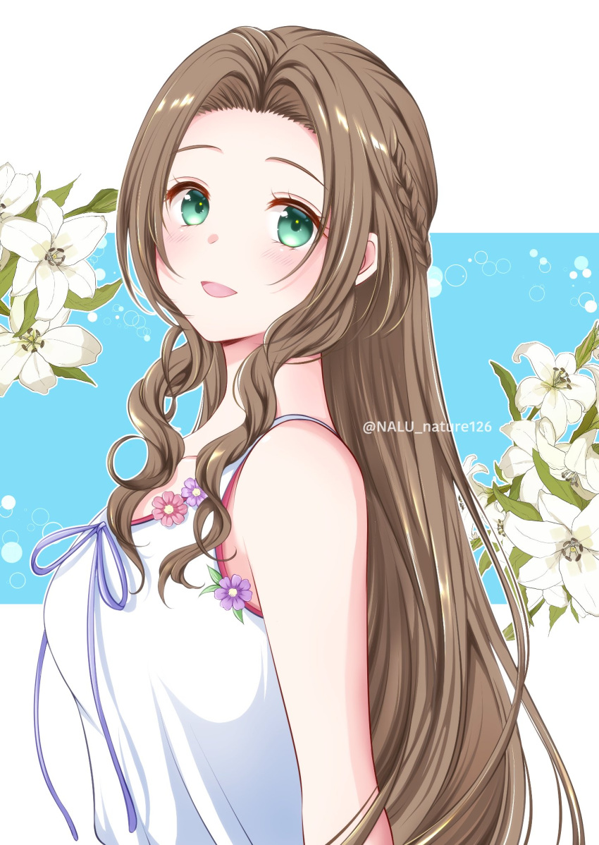1girl aerith_gainsborough alternate_hairstyle bangs bare_shoulders blue_background blush braid breasts brown_hair crisis_core_final_fantasy_vii dress final_fantasy final_fantasy_vii flower green_eyes highres lily_(flower) long_hair looking_at_viewer medium_breasts nalu open_mouth parted_bangs portrait side_braid sidelocks sleeveless sleeveless_dress smile solo twitter_username upper_body white_dress white_flower