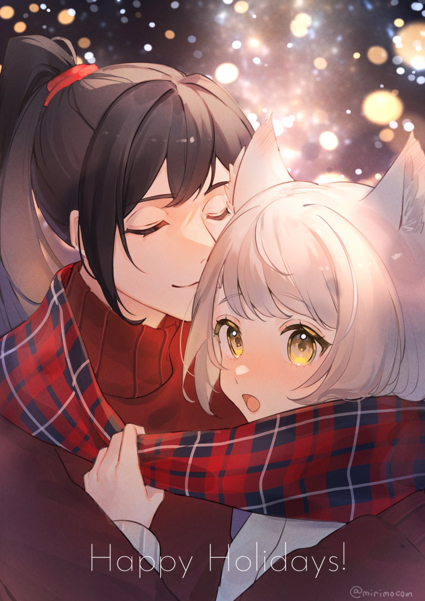 1boy 1girl animal_ears black_hair blush cat_ears closed_eyes grey_hair happy_holidays highres mio_(xenoblade) mirin. noah_(xenoblade) plaid plaid_scarf ponytail scarf shared_clothes shared_scarf smile twitter_username xenoblade_chronicles_(series) xenoblade_chronicles_3 yellow_eyes