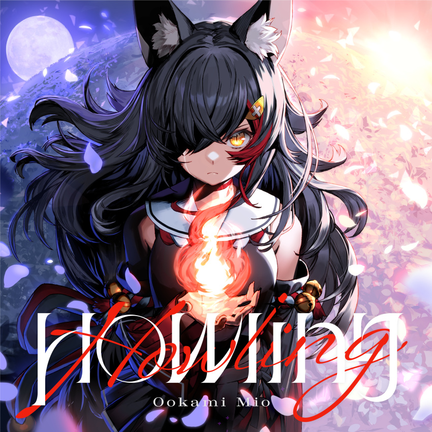 1girl absurdres album_cover album_name animal_ears bangs black_hair black_skirt breasts brown_eyes character_name cover crying detached_sleeves fire floating_hair frown hair_over_one_eye highres hololive izumi_sai long_hair looking_at_viewer medium_breasts moon official_art one_eye_covered ookami_mio open_hand shirt skirt sleeveless sleeveless_shirt solo straight-on sun very_long_hair virtual_youtuber wolf_ears