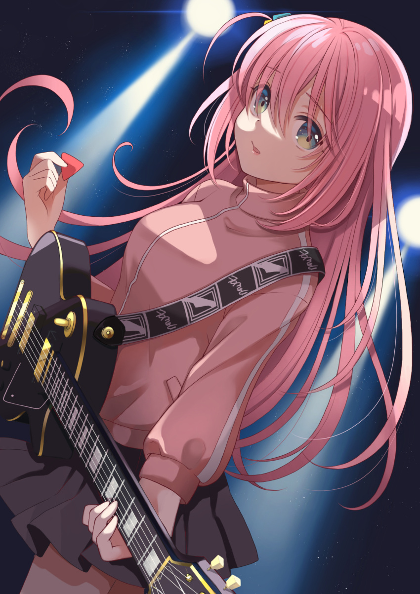 1girl bangs black_skirt blue_eyes blurry blurry_background bocchi_the_rock! breasts commentary cowboy_shot cube_hair_ornament dutch_angle electric_guitar gotou_hitori guitar hair_between_eyes hair_ornament hair_over_eyes hand_up highres holding holding_instrument holding_plectrum instrument jacket large_breasts long_hair long_sleeves looking_at_viewer momo-tako multicolored_eyes one_side_up open_mouth pink_hair pink_jacket pleated_skirt plectrum skirt solo spotlight standing track_jacket yellow_eyes