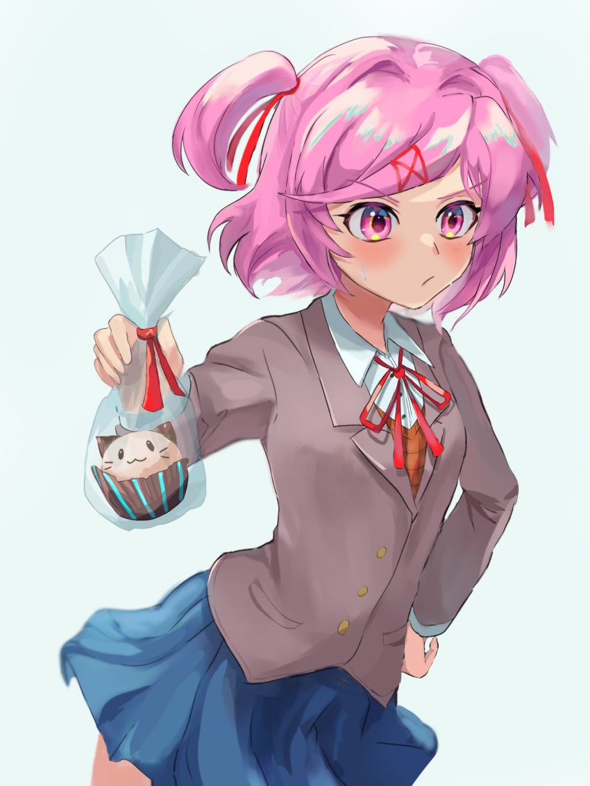 1girl :3 animal_ears bag bangs blazer blue_skirt blush bob_cut breasts brown_sweater_vest cat_ears closed_mouth commentary cowboy_shot cupcake doki_doki_literature_club dress_shirt embarrassed fake_animal_ears food giving grey_jacket hair_between_eyes hair_ornament hand_on_hip highres holding holding_bag holding_food incoming_food incoming_gift jacket looking_at_viewer natsuki_(doki_doki_literature_club) neck_ribbon pink_eyes pink_hair plastic_bag plavoid pleated_skirt pursed_lips red_ribbon ribbon school_uniform shirt short_hair simple_background skirt small_breasts solo sweatdrop sweater_vest swept_bangs tsundere two_side_up v-shaped_eyebrows whiskers white_background white_shirt x_hair_ornament