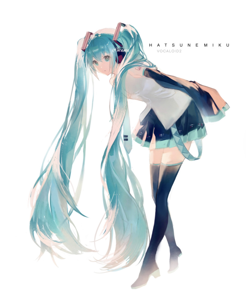 1girl absurdly_long_hair bangs bent_over black_footwear black_skirt black_sleeves blue_hair blue_necktie blue_skirt boots character_name commentary copyright_name detached_sleeves dress_shirt female floating_hair full_body grey_eyes grey_shirt hair_between_eyes hair_over_shoulder hatsune_miku headphones highres long_hair long_sleeves miniskirt necktie pleated_skirt shiny shiny_hair shirt skirt sleeveless sleeveless_shirt sleeves_past_wrists solo standing thigh_boots twintails two-tone_skirt very_long_hair vocaloid white_background wnmuwnmu zettai_ryouiki
