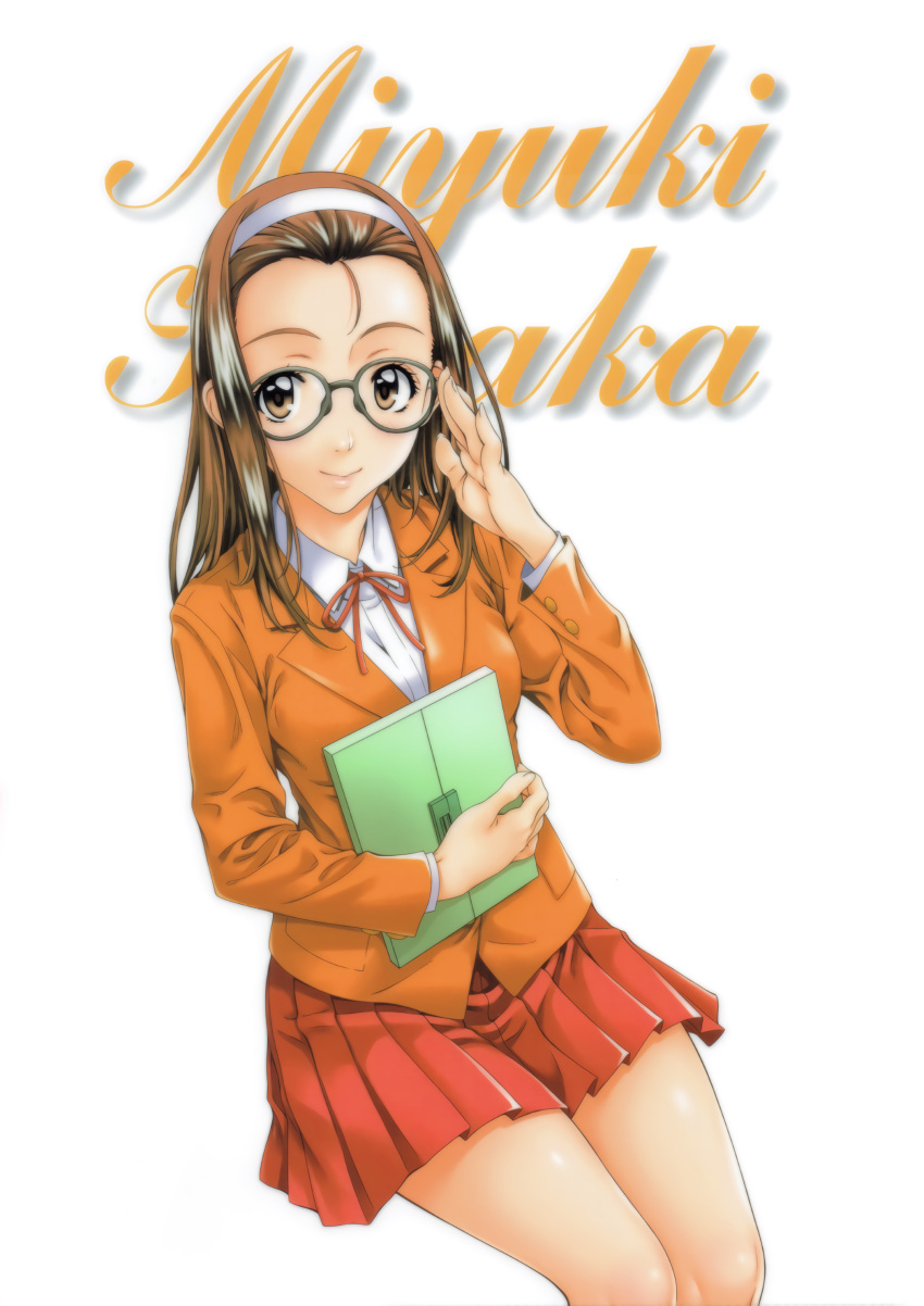 1990s_(style) 1girl absurdres adjusting_eyewear black-framed_eyewear blazer brown_eyes brown_hair character_name cursive feet_out_of_frame forehead hairband highres holding hosaka_miyuki invisible_chair jacket kai_tomohisa long_hair looking_at_viewer miniskirt non-web_source official_art orange_jacket pleated_skirt red_skirt retro_artstyle round_eyewear sentimental_graffiti simple_background single_bang sitting skirt smile solo white_background