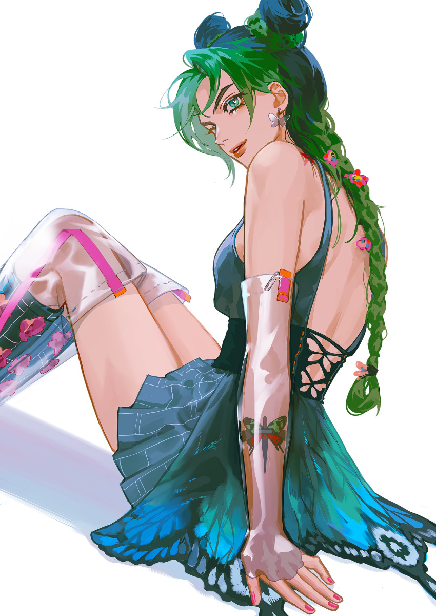 1girl absurdres animal_print arm_tattoo bare_shoulders braid butterfly_earrings butterfly_print butterfly_tattoo commentary double_bun dress earrings gradient_dress green_eyes green_footwear green_hair hair_bun highres jewelry jojo_no_kimyou_na_bouken kujo_jolyne minilang multicolored_hair see-through see-through_sleeves single_braid solo stone_ocean symbol-only_commentary tattoo thighs white_background