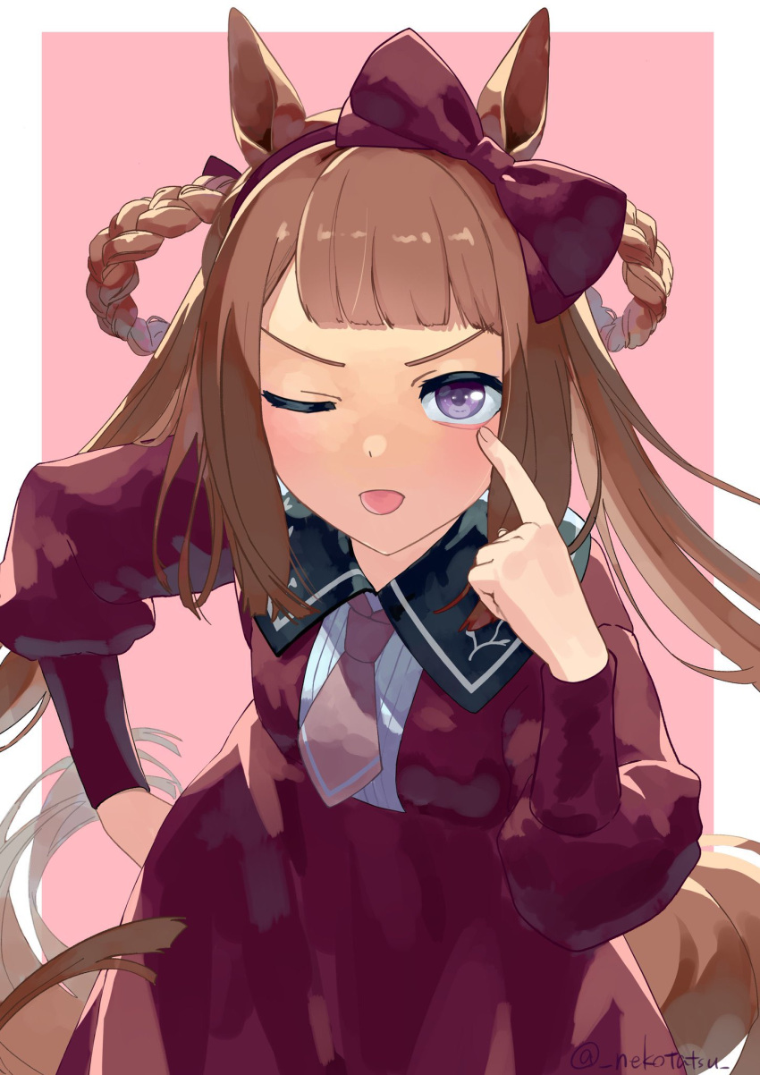 1girl akanbe animal_ears bangs blunt_bangs bow_hairband brown_hair collared_dress dress hair_rings hairband highres horse_ears horse_girl horse_tail kotatsu_(_nekotatsu_) long_hair long_sleeves looking_at_viewer necktie pink_necktie puffy_long_sleeves puffy_sleeves red_dress short_necktie solo sweep_tosho_(umamusume) tail tongue tongue_out twintails twitter_username umamusume upper_body v-shaped_eyebrows violet_eyes