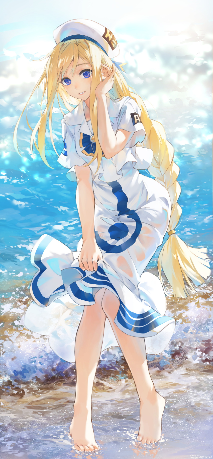 1girl absurdres alicia_florence aria aria_company_uniform artist_name bangs barefoot beach blonde_hair bloom blouse blue_bow blue_bowtie blue_eyes bow bowtie braid braided_ponytail dated day dress feet floating_hair frilled_shirt frills full_body hair_tucking hand_up hat heel_up highres holding knees_together_feet_apart long_dress long_hair looking_at_viewer ocean outdoors parted_lips sailor_collar see-through shirt shore short_sleeves sidelocks single_braid skirt_hold smile solo standing swkl:d tiptoes toes twitter_username uniform very_long_hair water waves wet wet_clothes white_dress white_headwear white_sailor_collar white_shirt