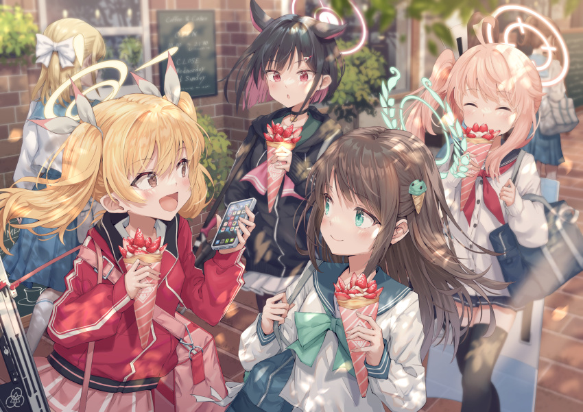 6+girls :d airi_(blue_archive) animal_ears bag black_hair blonde_hair blue_archive blue_bow blue_bowtie blue_eyes blue_sailor_collar bow bowtie brown_hair cellphone closed_eyes closed_mouth colored_inner_hair crepe day eating extra_ears floating_hair food food-themed_hair_ornament gun hair_bow hair_ornament hair_ribbon halo highres hirokazu_(analysis-depth) holding holding_food holding_phone ice_cream_hair_ornament jacket kazusa_(blue_archive) long_hair long_sleeves miniskirt multicolored_hair multiple_girls natsu_(blue_archive) outdoors parted_lips phone pink_hair pink_skirt red_eyes red_jacket ribbon sailor_collar school_uniform serafuku shirt short_hair shoulder_bag side_ponytail skirt smartphone smile thigh-highs twintails weapon white_shirt yoshimi_(blue_archive)
