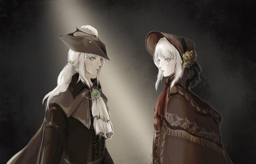 absurdres ascot bloodborne face-to-face hat hat_feather highres ivananeko lady_maria_of_the_astral_clocktower plain_doll red_ascot tricorne white_hair