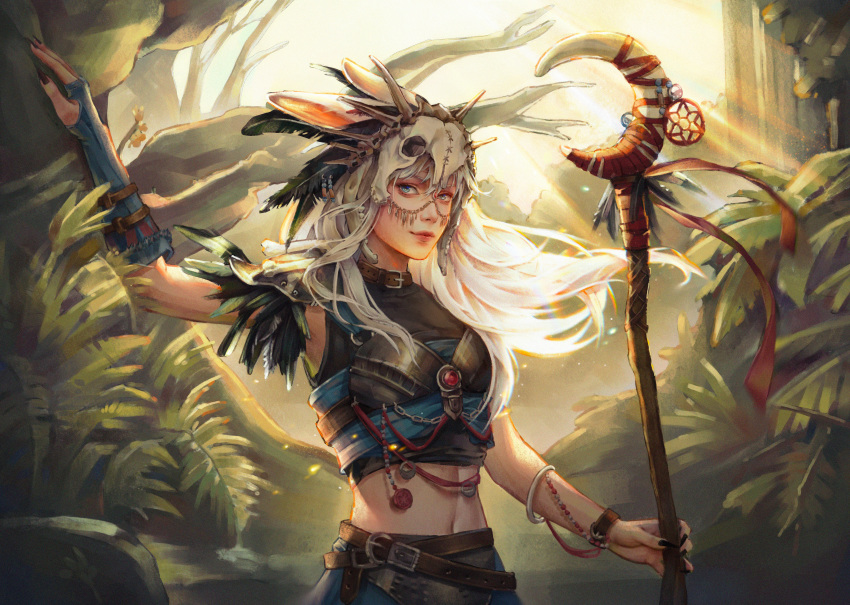 1girl absurdres blue_eyes chloex169 copyright_request highres holding holding_staff long_hair looking_at_viewer midriff plant priestess skull_on_head staff tree vambraces white_hair