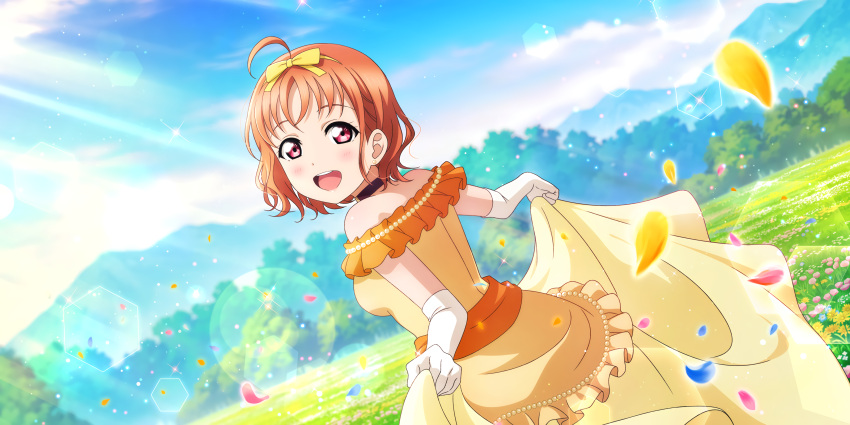 dress love_live!_school_idol_festival_all_stars orange_hair red_eyes short_hair smile takami_chika