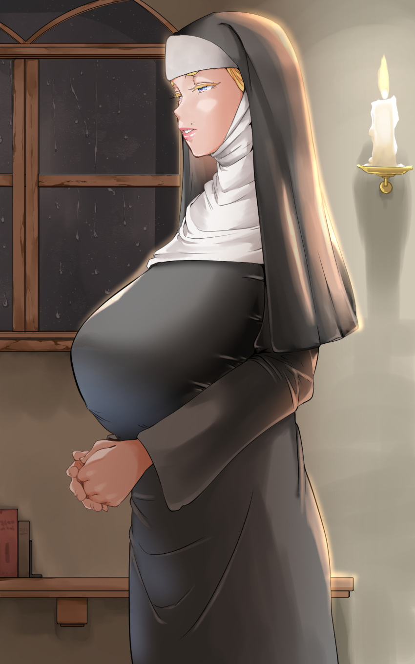 1girl blonde_hair blue_eyes breasts candle feet_out_of_frame fire habit half-closed_eyes highres huge_breasts indoors looking_away mole mole_above_mouth night nun nypaon original rain shelf solo standing window