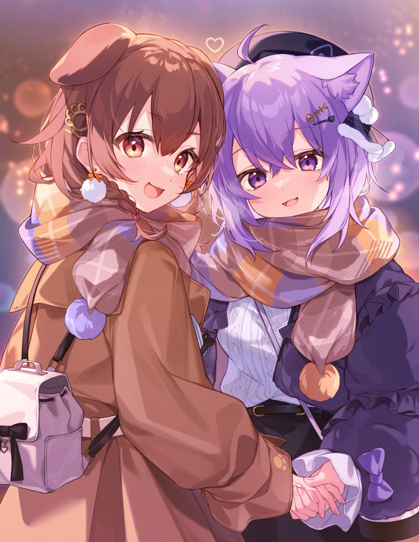 2girls :d absurdres ahoge animal_ear_fluff animal_ears bag bangs brown_eyes brown_hair brown_jacket cat_ears crossed_bangs dog_ears earrings extra_ears fish_hair_ornament hair_between_eyes hair_ornament hat highres holding_hands hololive inugami_korone jacket jewelry long_sleeves looking_at_viewer multiple_girls nekomata_okayu paw_hair_ornament pisuke_wan pom_pom_(clothes) pom_pom_earrings purple_hair purple_jacket scarf smile violet_eyes virtual_youtuber