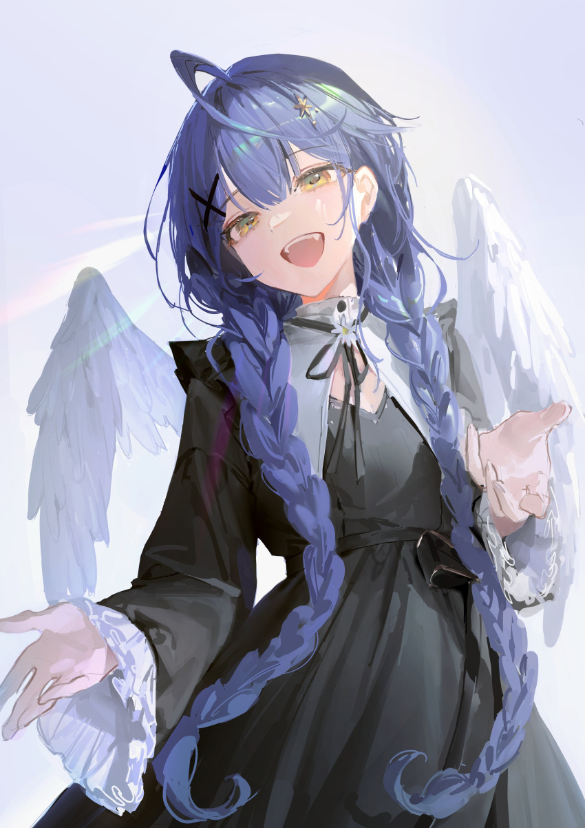1girl absurdres ahoge amamiya_kokoro angel_wings bangs black_dress black_ribbon blue_hair braid cleavage_cutout clothing_cutout commentary cowboy_shot cropped_legs dress fangs feathered_wings frilled_dress frills hair_between_eyes hair_ornament hair_strand head_tilt highres light_rays long_hair looking_at_viewer low_twin_braids neck_ribbon nijisanji open_mouth outstretched_hand pepperdevil ribbon simple_background smile solo solo_focus star_(symbol) star_hair_ornament teeth twin_braids twintails upper_teeth_only very_long_hair virtual_youtuber white_background wings x_hair_ornament yellow_eyes