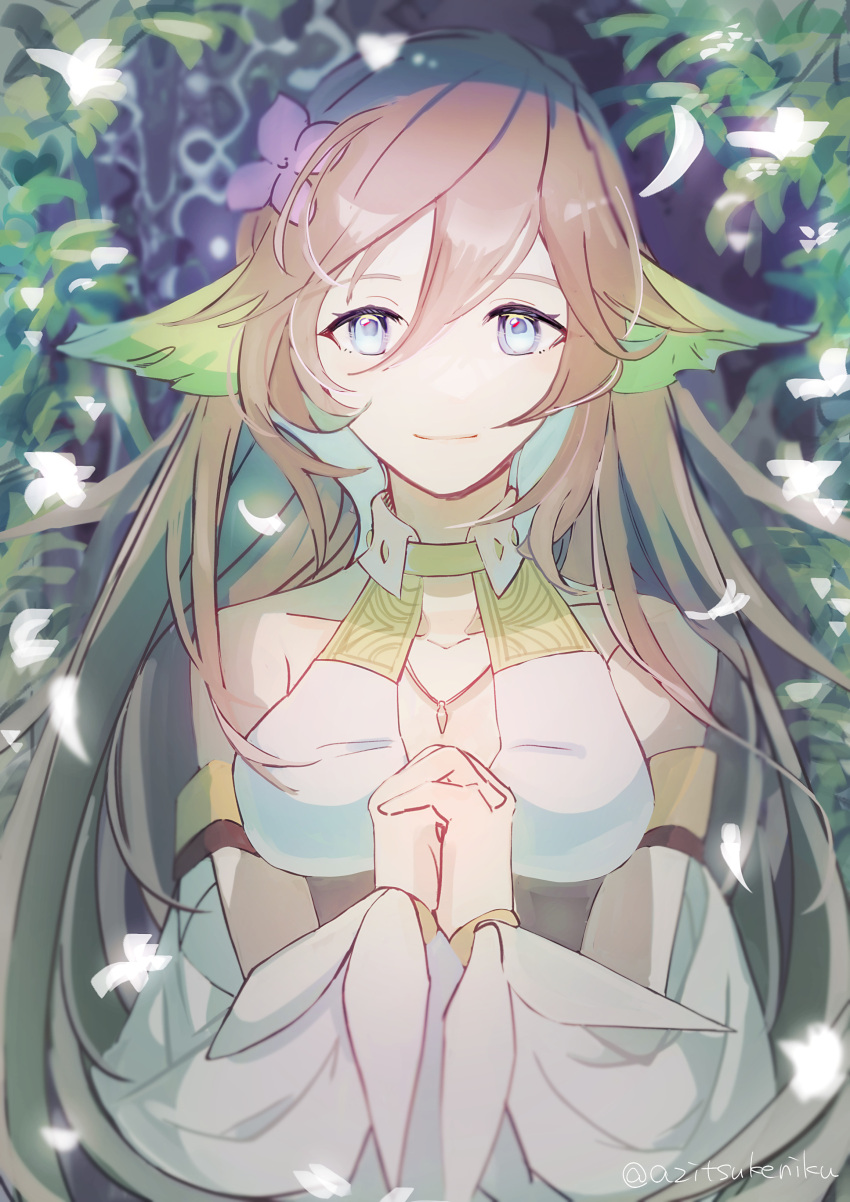1girl absurdres azitsukeniku blue_eyes brown_hair falling_petals flower hair_flower hair_ornament highres ionasal_kkll_preciel leaf long_hair looking_at_viewer own_hands_clasped own_hands_together petals portrait smile solo surge_concerto upper_body