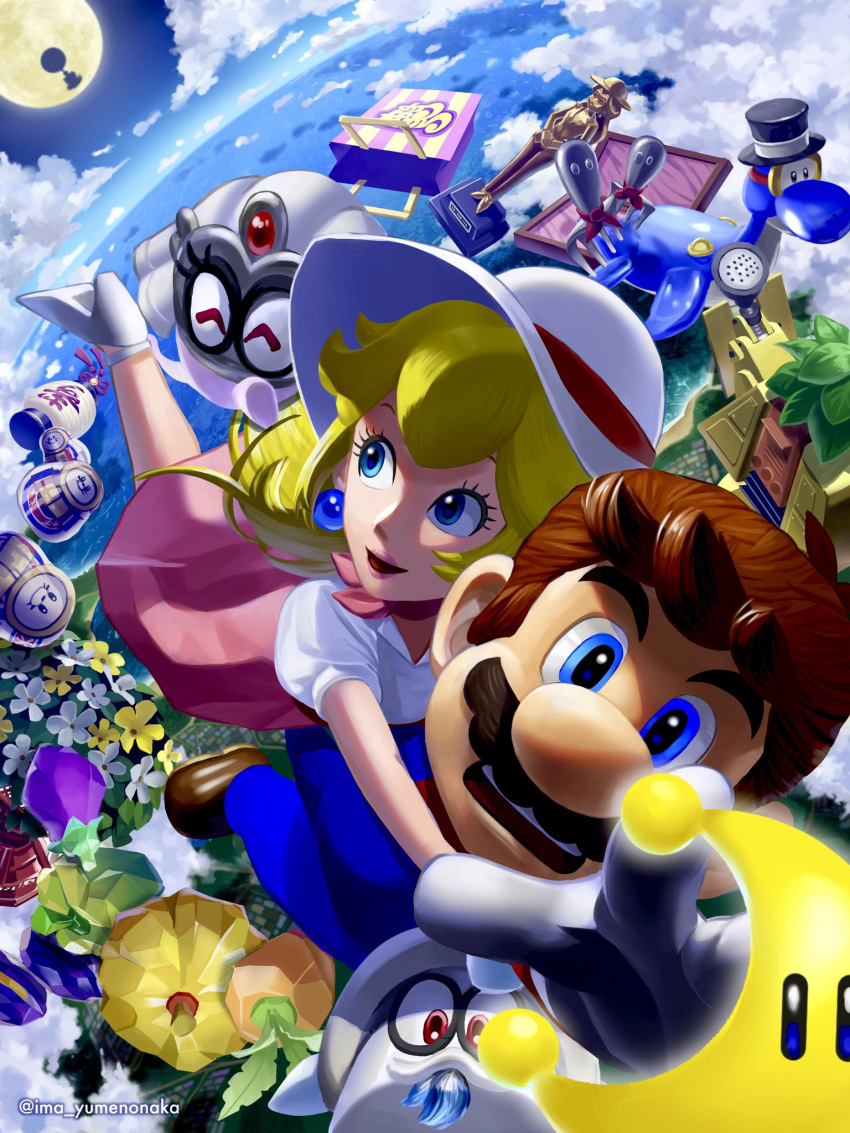 blonde_hair blue_eyes brown_hair cappy_(mario) earrings gloves hat high_heels highres jewelry lipstick looking_back makeup mario open_mouth pink_lips princess_peach super_mario_bros. super_mario_odyssey tiara_(mario) white_gloves yuuma_rimi