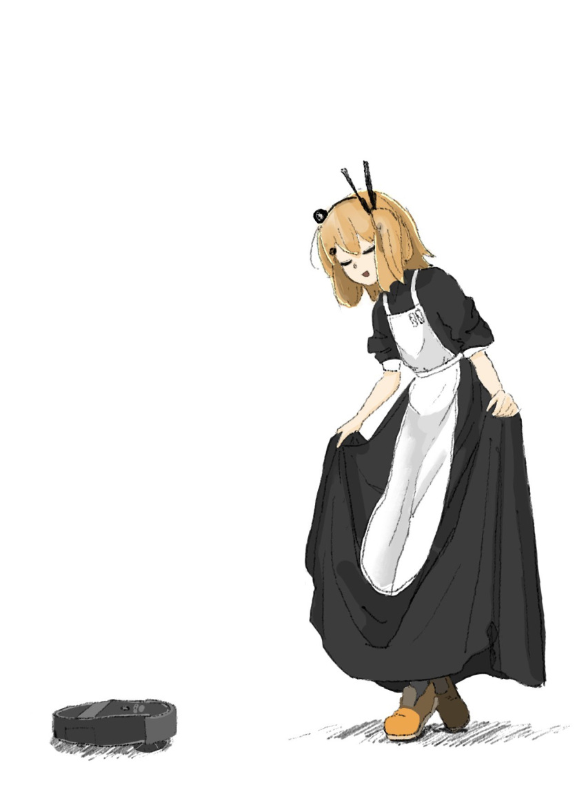 1girl a.i._voice adachi_rei android apron bangs black_dress black_hairband bowing brown_footwear closed_eyes crossed_legs curtsey dress hair_ornament hairband hairclip hakoko_shitagokoro headlamp highres maid medium_hair open_mouth orange_hair radio_antenna robot roomba shadow shoes side_ponytail simple_background skirt_hold sleeves_rolled_up smile solo utau white_apron