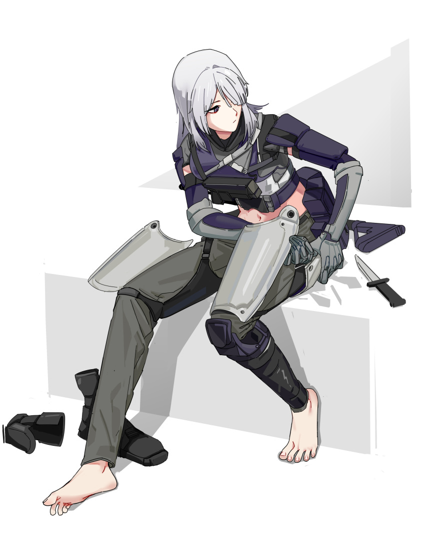 1girl absurdres ak-15_(girls'_frontline) barefoot black_footwear black_pants boots combat_knife commentary girls_frontline gloves grey_gloves highres knife long_sleeves looking_to_the_side midriff pants pouch purple_shirt shirt shoes shoes_removed sitting solo violet_eyes weapon white_background white_hair ziyuechen